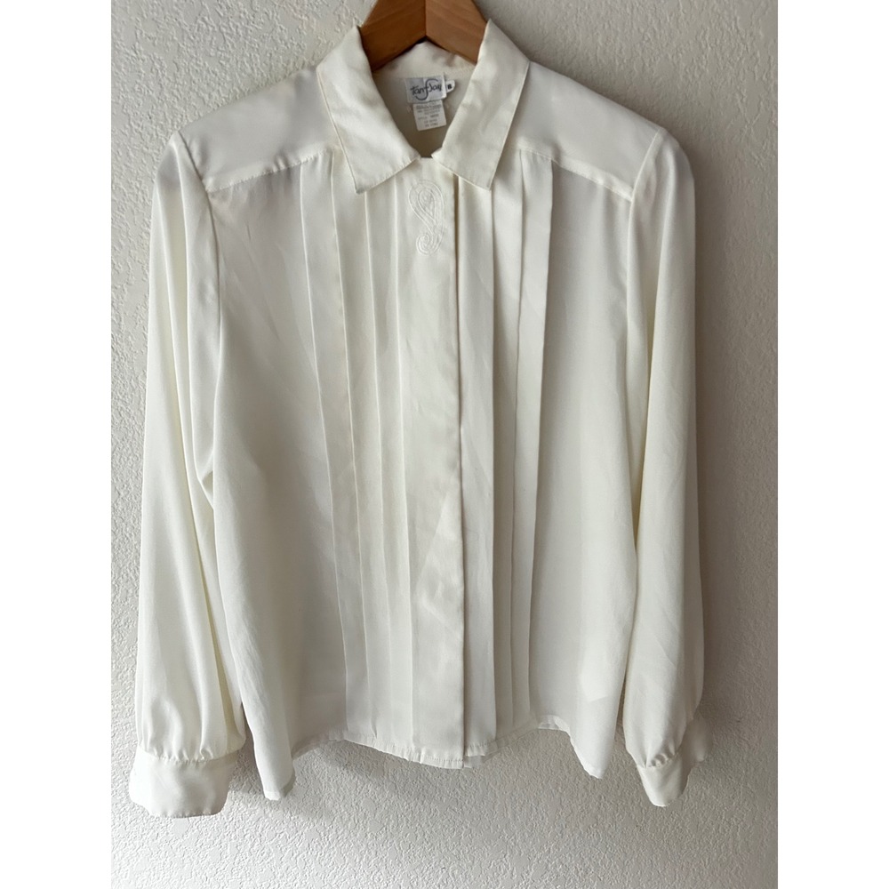 Tan Jay Vintage Off White Pleated Front Paisley Blouse Pearl Cuff Womens 6